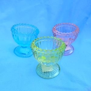 Vtg Set of 3 ribbed glass egg cups in muted Colors